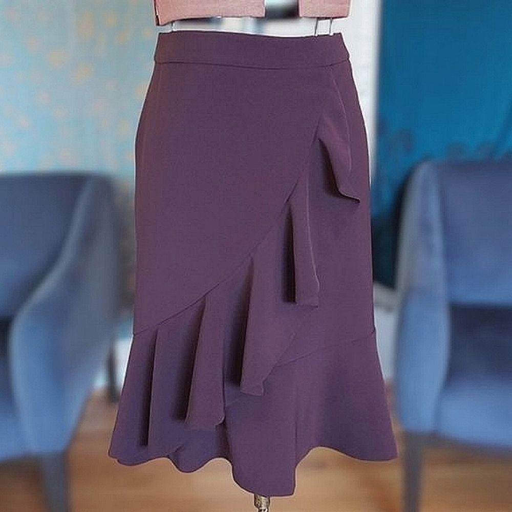 Contemporaine plum fit and flare ruffle midi skirt